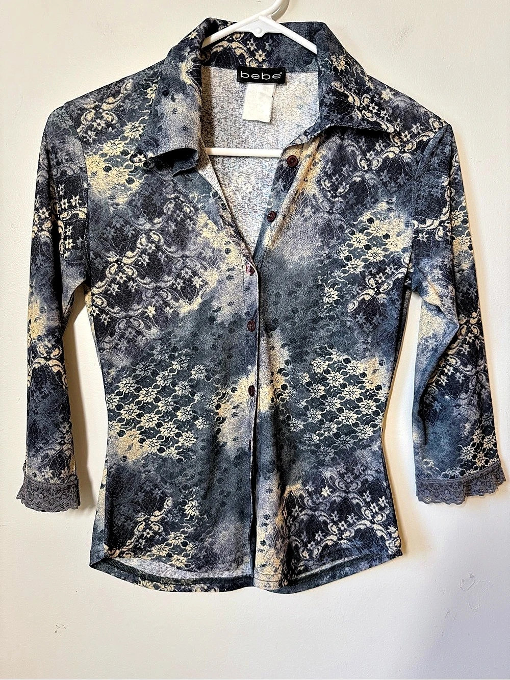 Vintage Y2K bebe semi sheer fitted Button Up Shirt in Blue Cream print